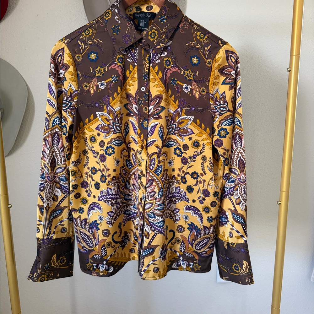 Rachel Zoe Mustard Yellow & Brown Floral Versatile Button-Front Blouse